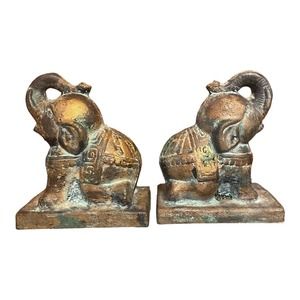 Vintage Boho Chic Verdigris Cast Iron Elephant Bookends‎
